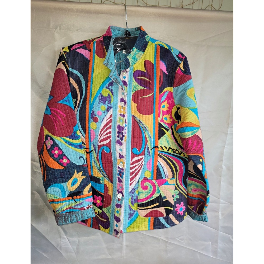 Anu Women's Multicolor Floral Button Front Jacket Pockets Long Sleeve Size M